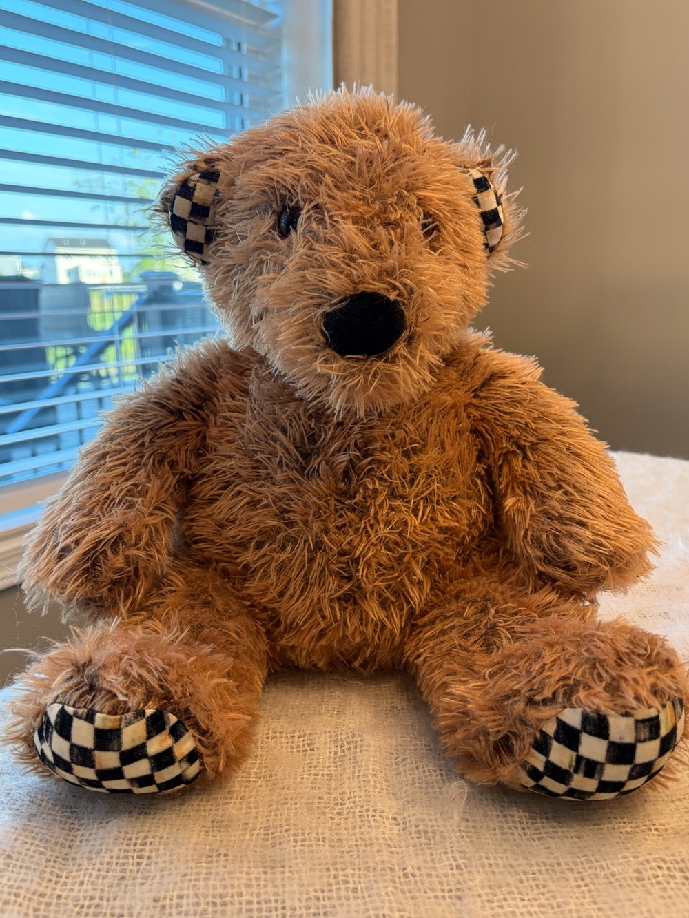 MacKenzie Childs Mac the Teddy Bear courtly check trim 17”